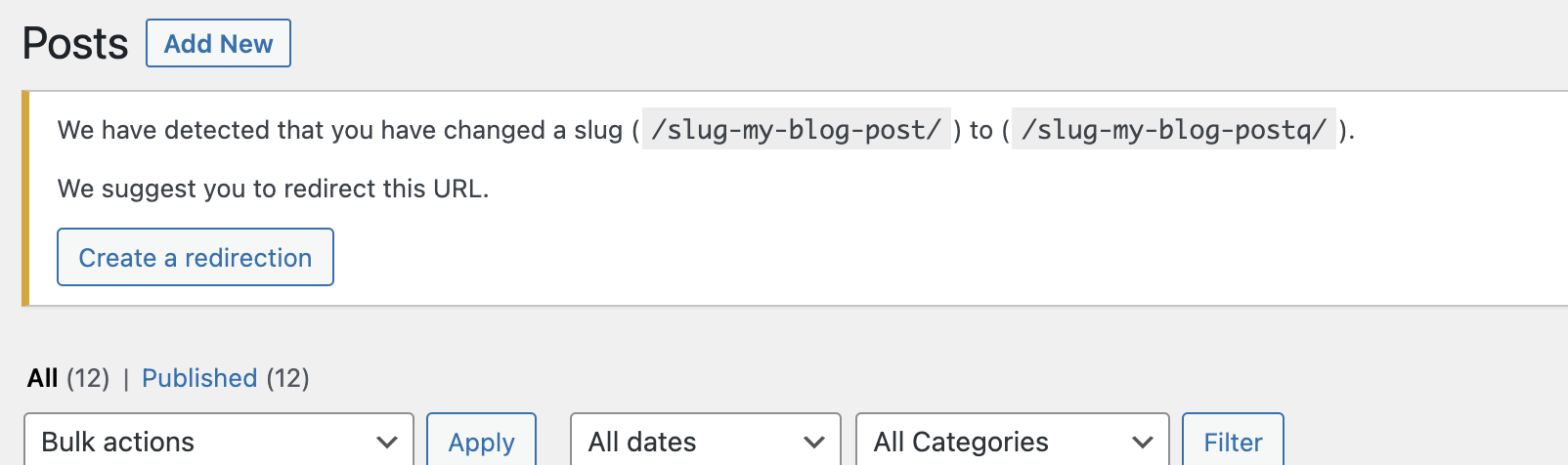 Alerte sur le changement de slug pour créer une redirection avec SEOPress PRO