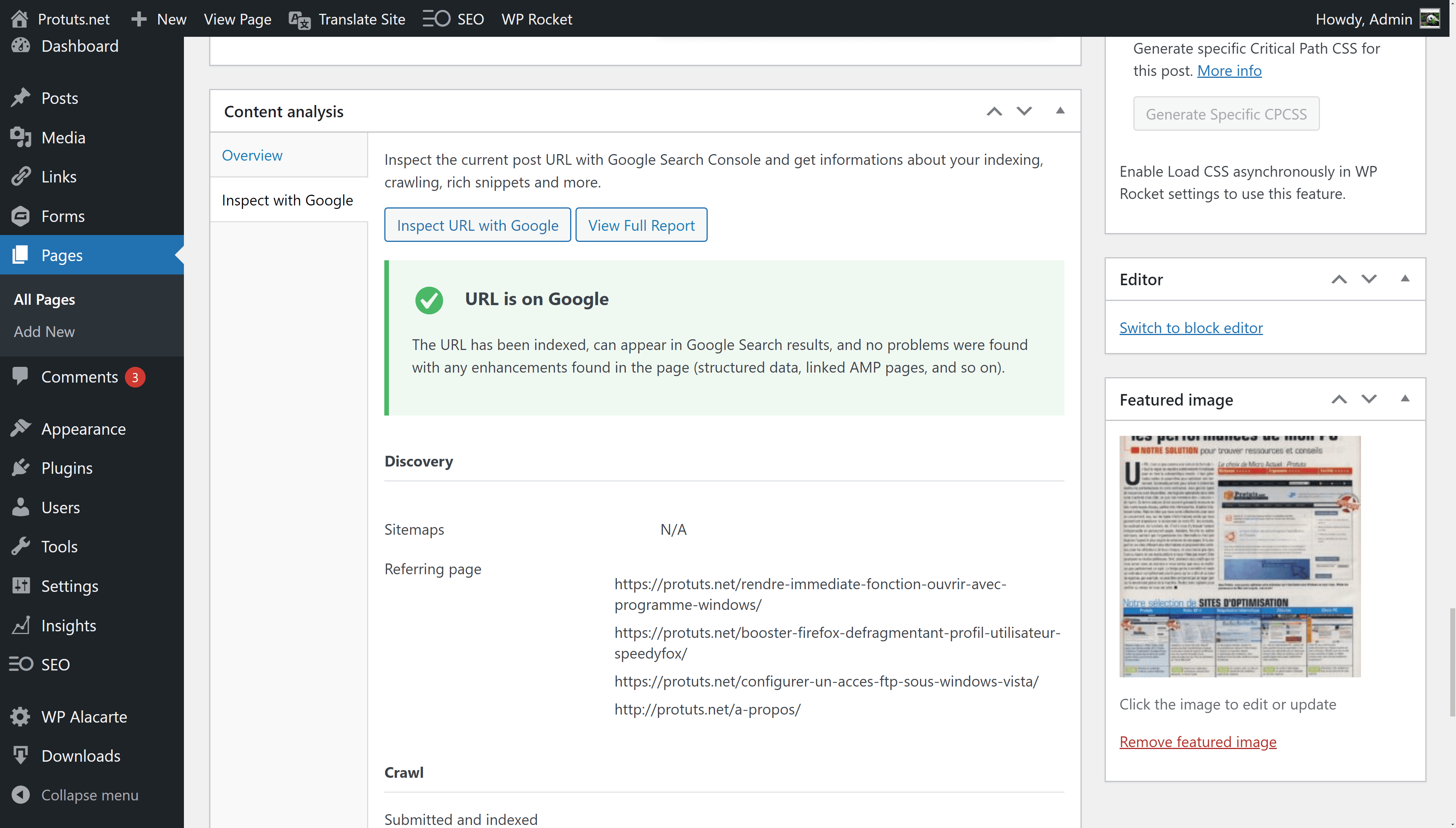 Afficher les résultats de l’inspection d’URL à partir de WordPress à l’aide de SEOPress. Exactement les mêmes données que vous pouvez retrouver dans Google Search Console. partie 1