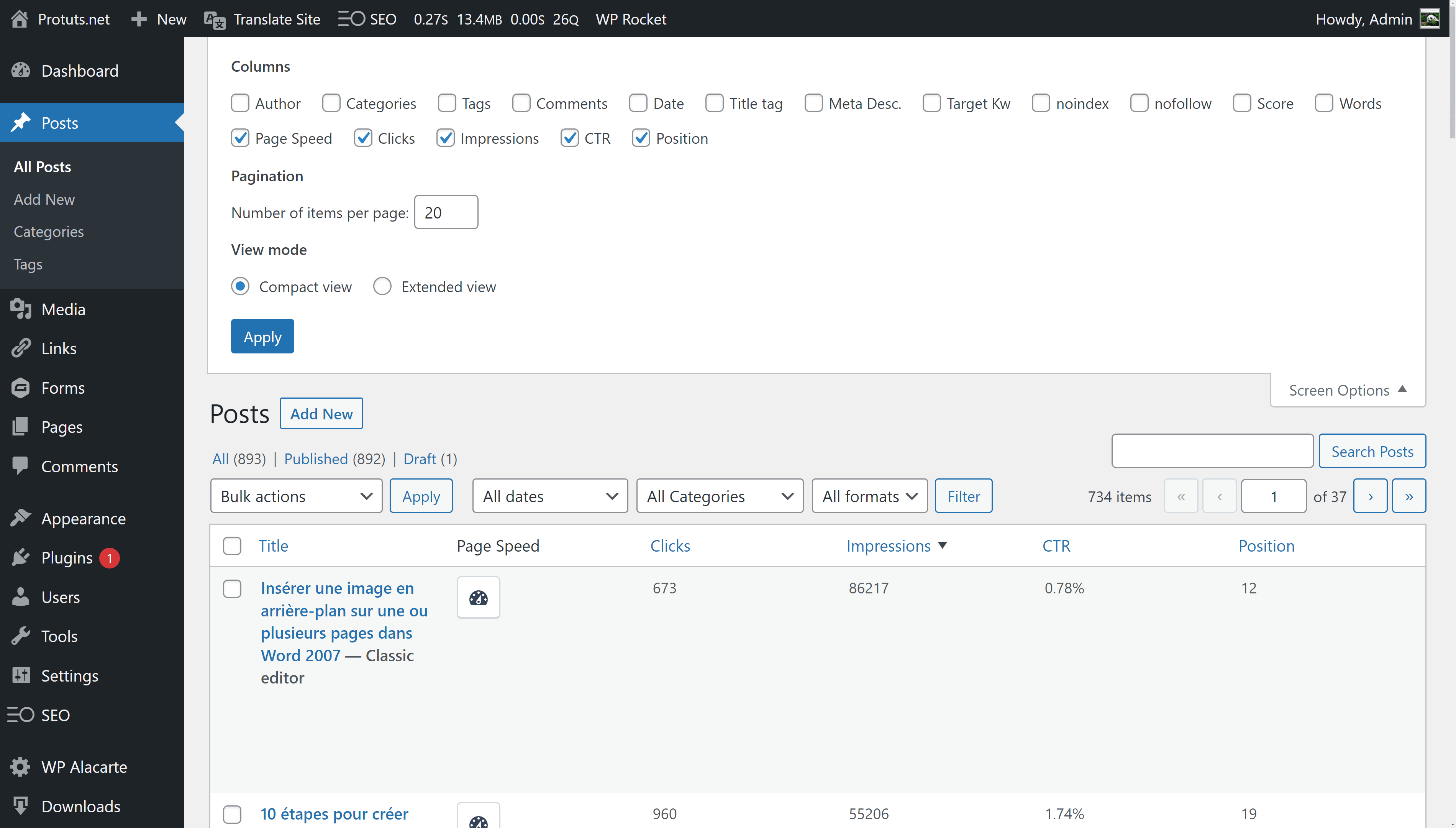 WordPress dashboard showing Google Search Console metrics