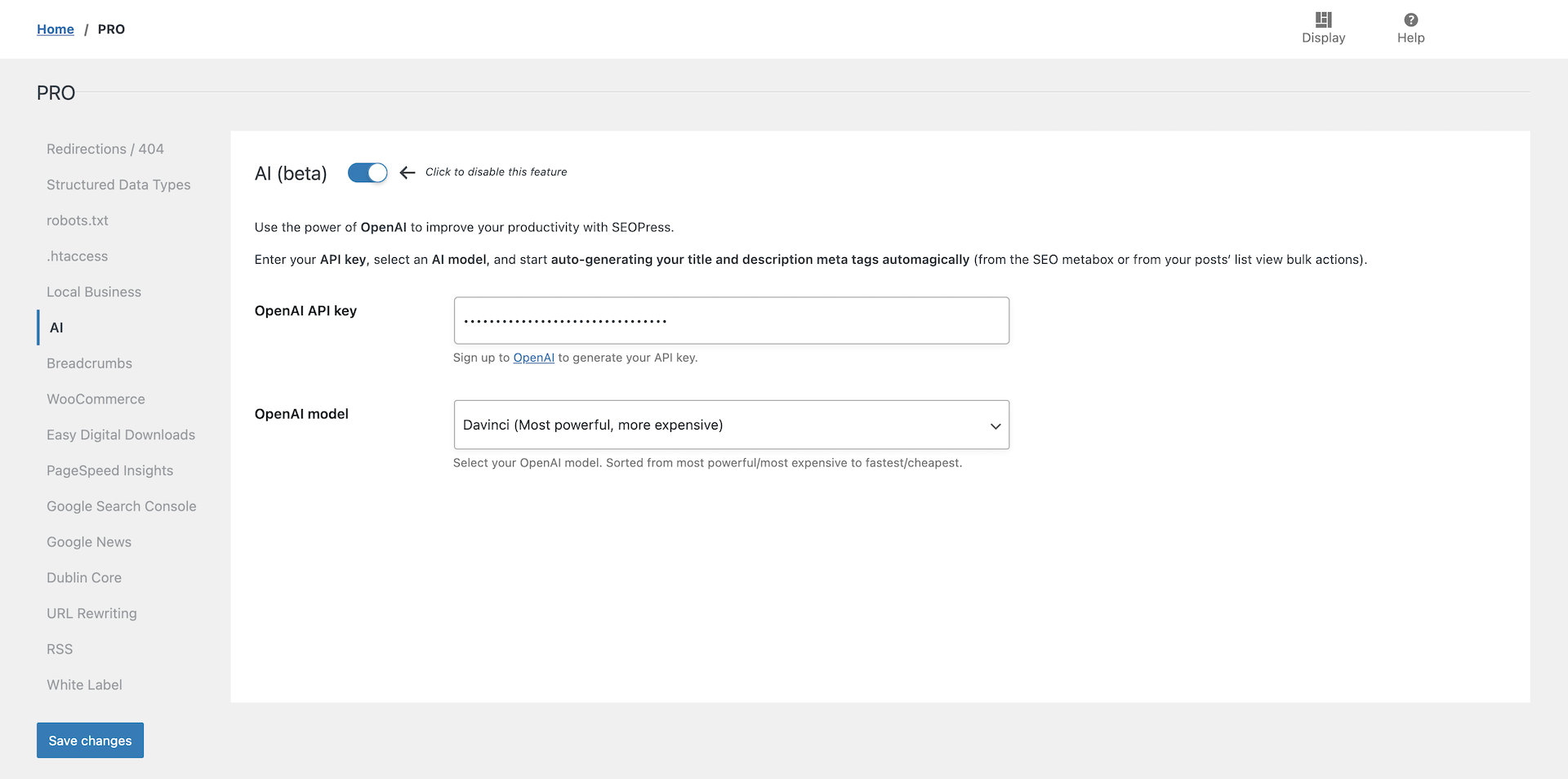 SEOPress AI settings page