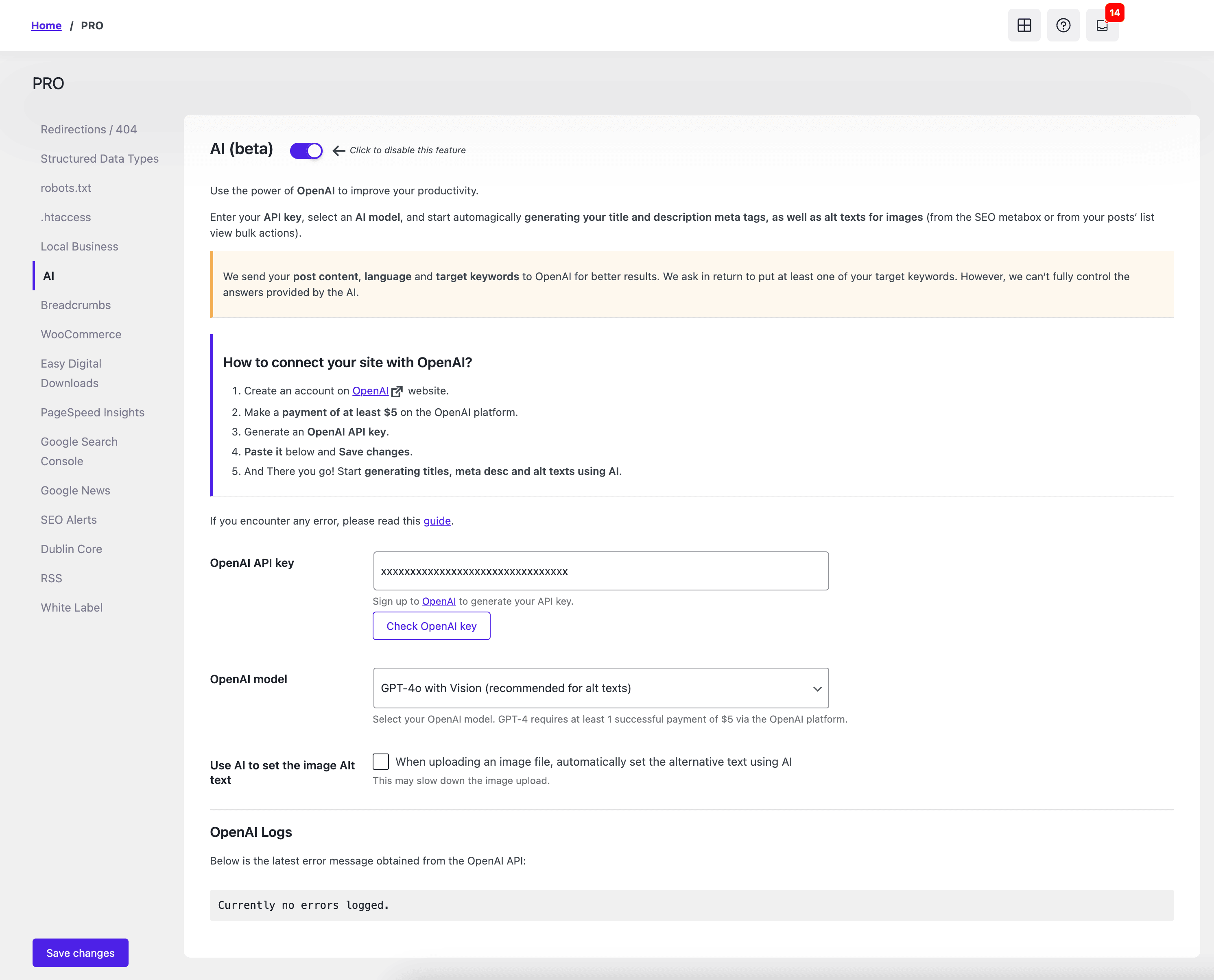SEOPress OpenAI settings